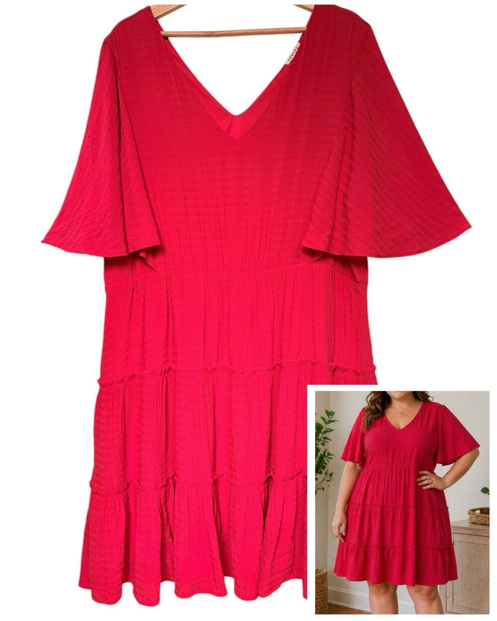 Jodifl Plus Size 2x Red Tiered Babydoll Dress V-neck Flutter Sleeves Resort